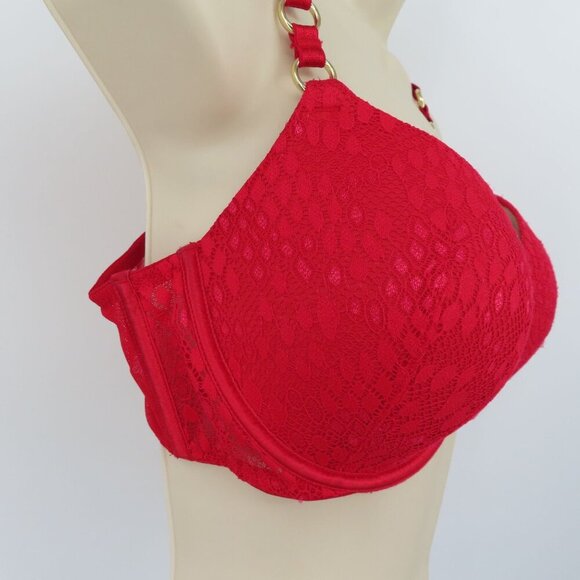 Victorias Secret 38C Very Sexy Push Up Bra Red Lace Gold Ring Underwire Padded - Picture 2 of 16